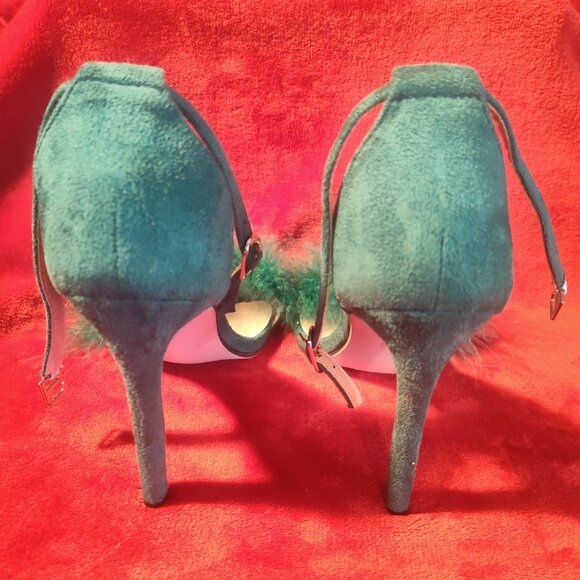 Crystal Queen Kelly Green Suede Open Toe Feather Ankle Strap Heels Size 40 - Picture 7 of 9